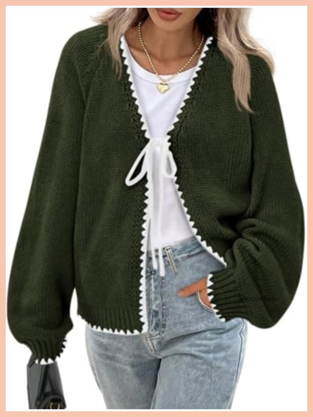 PRETTYGARDEN Women's Cardigan Sweater Front Tie Puff Sleeve V-Neck Fall